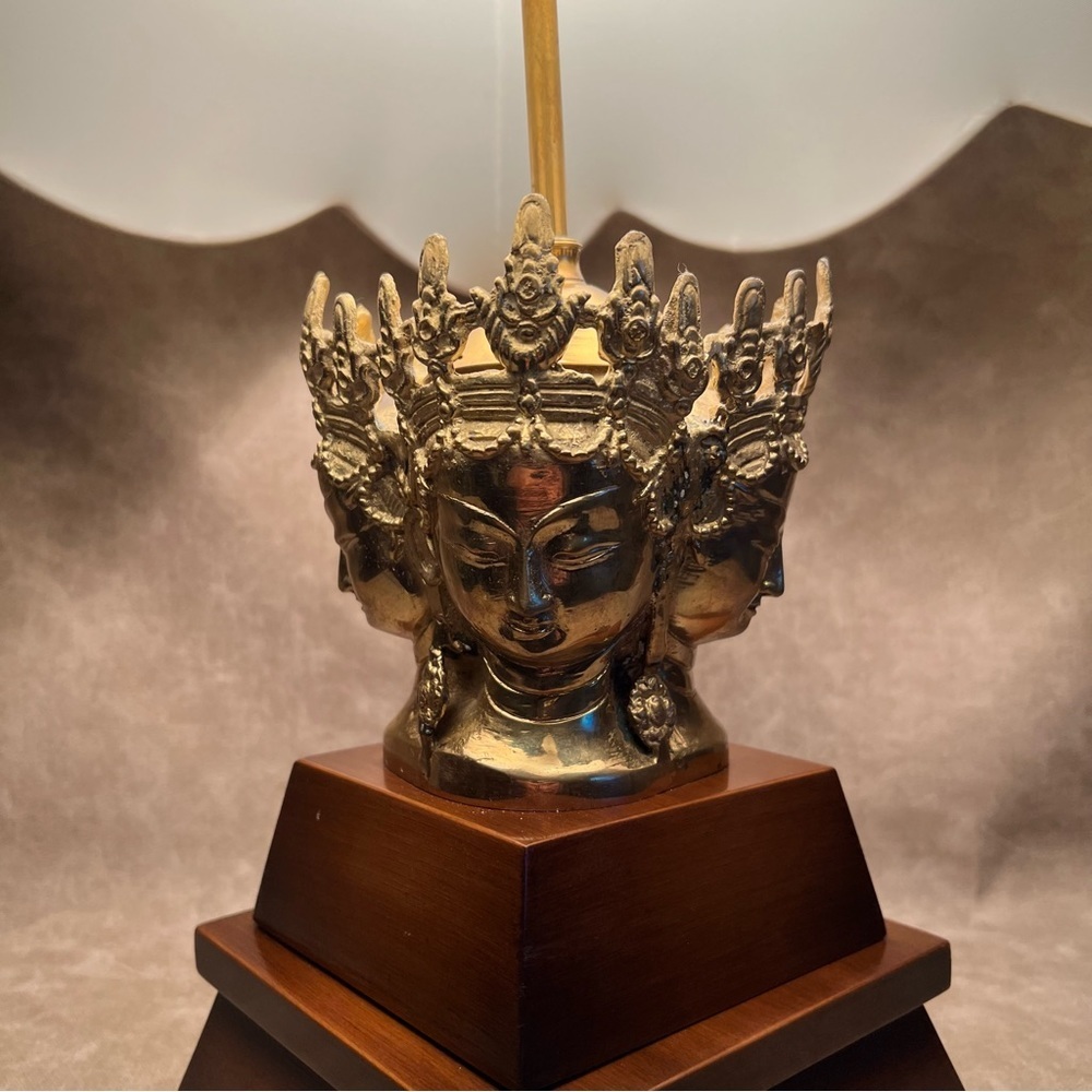 Vintage Table Lamp with Crowned Asian Faces in Brass on Wood Base